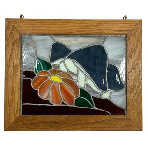 Mushrooms + Hibiscus/Hollyhock Stained Glass Hanging Window Panel Wooden Frame
